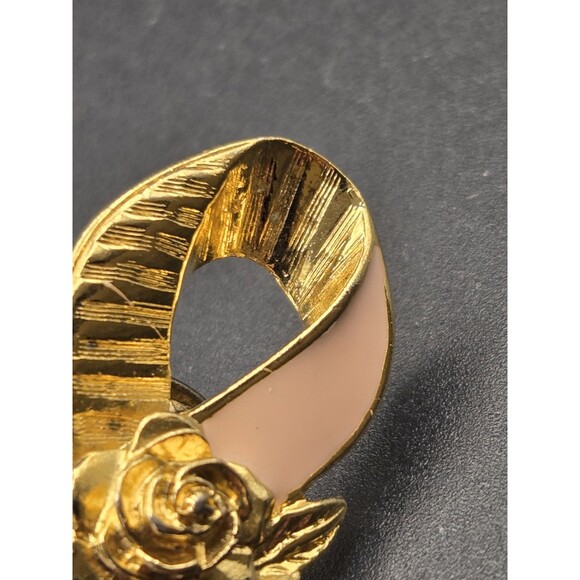 VINTAGE BROOCH SIGNED AVON GOLD PIN 2" ENAMEL BREAST CANCER RIBBON - Picture 7 of 7